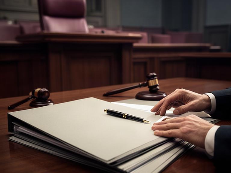 Sala de vistas con documentación penal preparada sobre la mesa del abogado