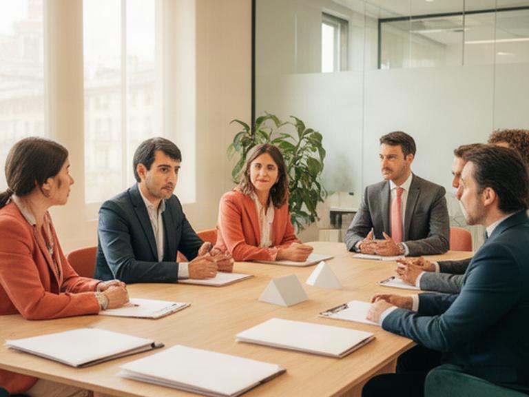 Equipo de abogados reunido en una sala luminosa de un despacho jurídico en Torrelavega