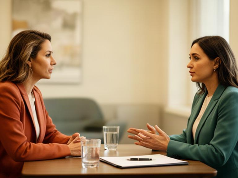 Cliente conversando con una profesional en una sala de reuniones de un despacho